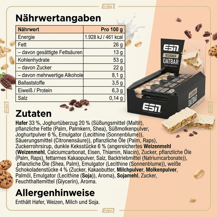 ESN Designer Oatbar Crunky Yogurt 12 x 100 g – Hafer-Riegel mit Joghurtüberzug, Keks- und Schokoladenstückchen