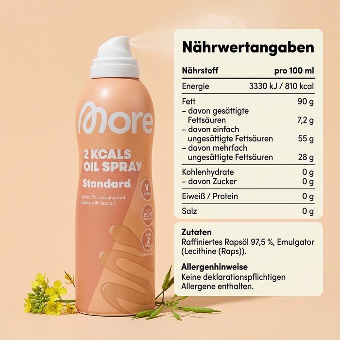 MORE 2Kcals Oil Spray Standard 200 ml – Kalorienarmes Rapsöl Kochspray zum Braten, Backen & Grillen