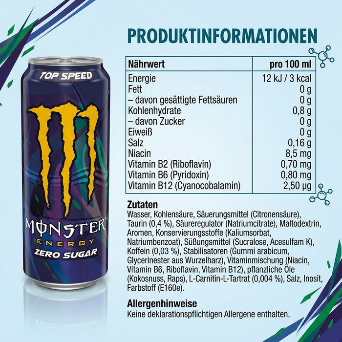 Monster Energy Zero Sugar Top Speed 500 ml – Zuckerfreier Energy Drink mit Taurin, Koffein & B-Vitaminen