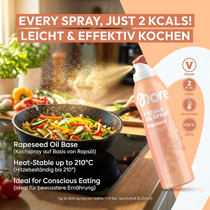 MORE 2Kcals Oil Spray Standard 200 ml – Kalorienarmes Rapsöl Kochspray zum Braten, Backen & Grillen
