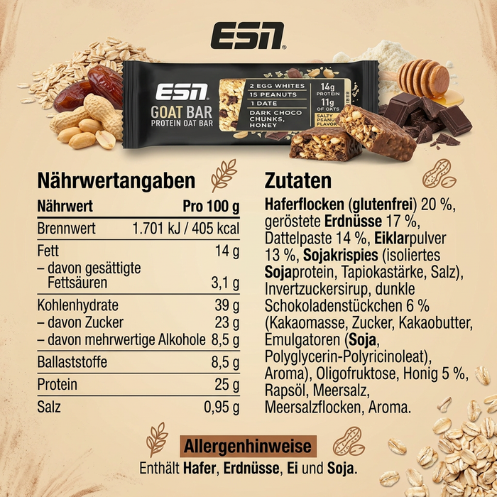 ESN OAT BAR Protein Oat Bar Salty Peanut 12 x 55 g – Proteinriegel mit Haferflocken, Erdnüssen und dunkler Schokolade