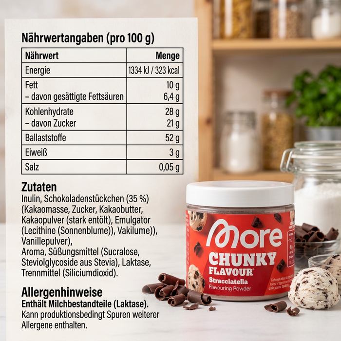 MORE Chunky Flavour Stracciatella 150 g – Geschmackspulver mit 35 % Schokoladenstückchen zum Verfeinern von Speisen und Getränken