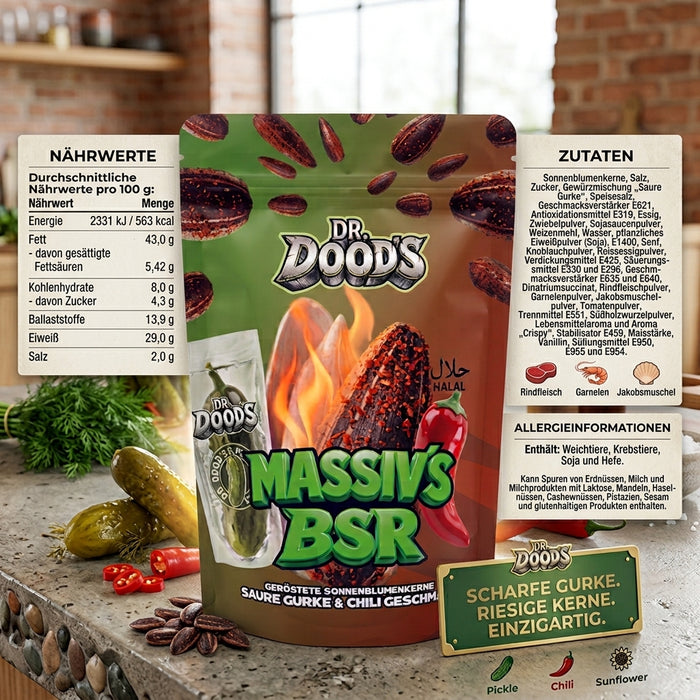 Dr. Doods Massiv’s BSR Sonnenblumenkerne Saure Gurke & Chili 100 g – Geröstete Sonnenblumenkerne