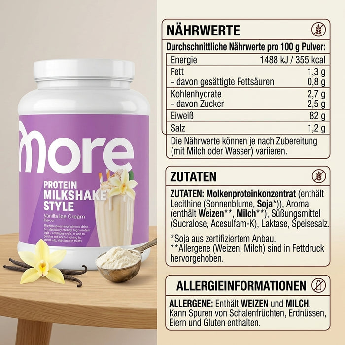 MORE Protein Milkshake Style Vanilla Ice Cream 600 g – Proteinpulver mit Whey & Calciumcaseinat