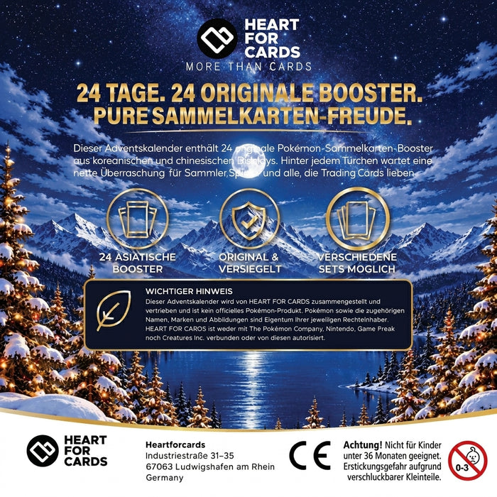 Pokemon Sammelkarten HFC Adventskalender 2026 mit 24 originalen Pokémon-Boosterpacks aus Asien 50x50cm ( CH & KR ) – Weihnachtskalender mit 24 Türchen – Ideal für Weihnachten und zum Verschenken