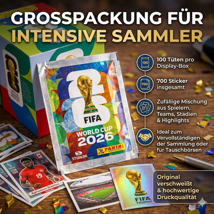 Panini FIFA World Cup 2026 Sticker Display – 100 Tüten mit insgesamt 700 Stickern