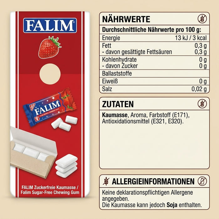 Falim Erdbeer Kaugummi ohne Zucker – 20 × 7 g, 140 g