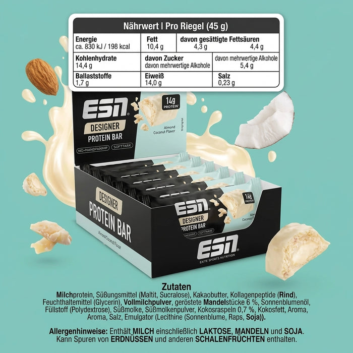 ESN Designer Protein Bar Almond Coconut – 12 x 45 g Proteinriegel mit Mandel & Kokos