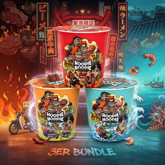 Hoodie Hoodie Instant-Nudelsuppe by Aymen 3er Bundle – Spicy Chicken, Beef & Seafood 203 g