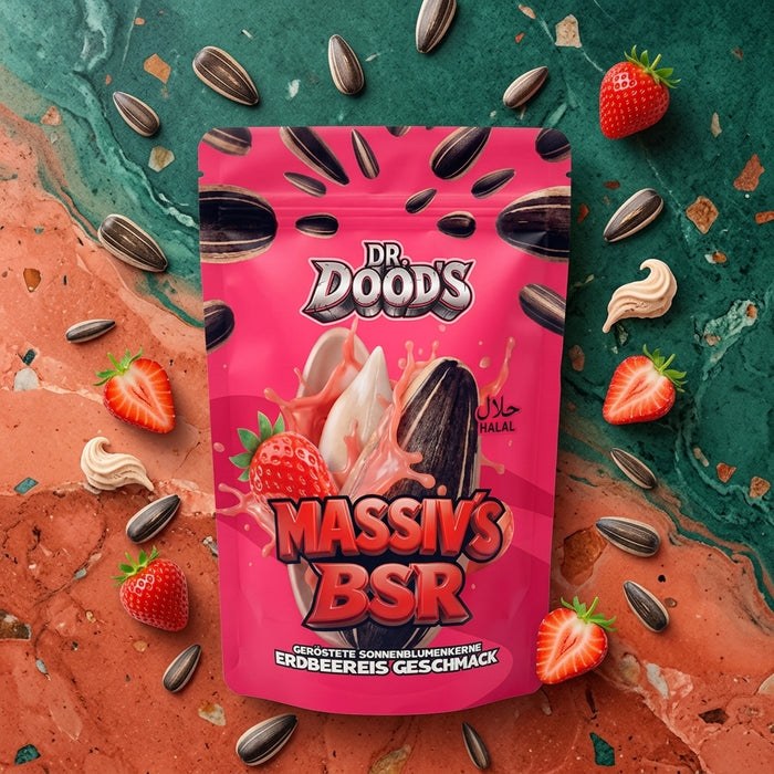 Dr. Doods Massiv’s BSR Sonnenblumenkerne Erdbeereis 100 g – Geröstete Sonnenblumenkerne mit Erdbeereis-Geschmack