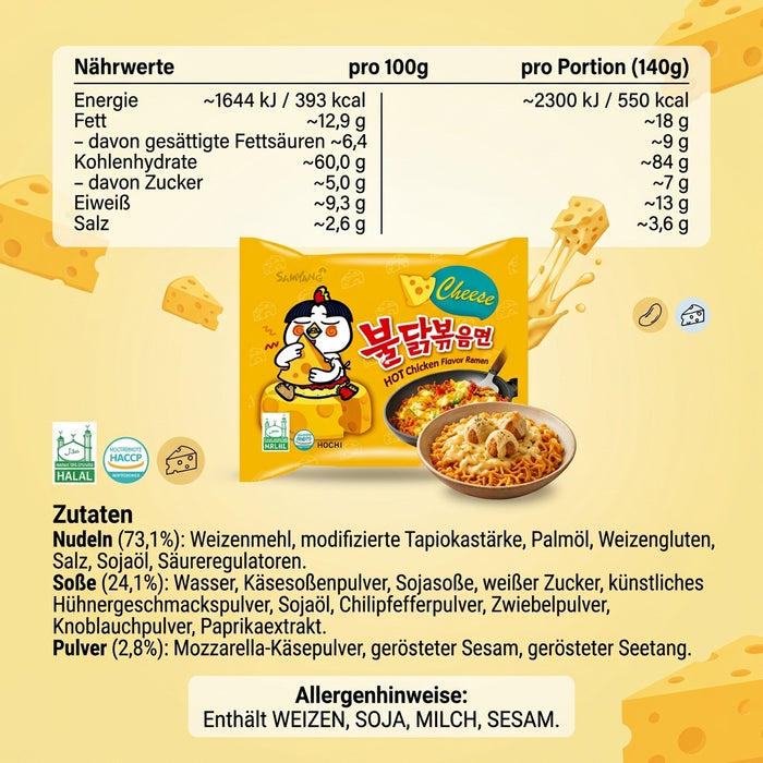Samyang Buldak Hot Chicken Cheese Ramen 10 × 140 g – Scharfe koreanische Instant-Nudeln mit Käsegeschmack