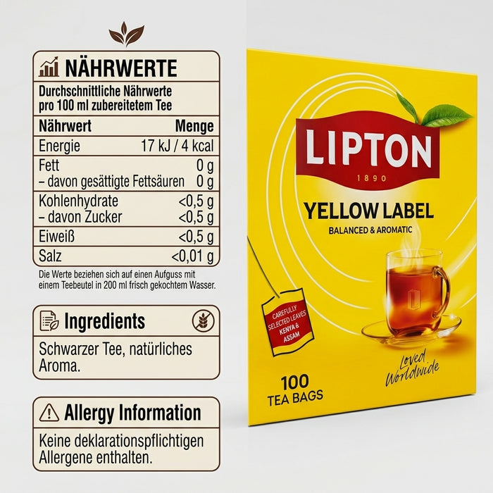Lipton 1890 Yellow Label Schwarzer Tee – Balanced & Aromatic – 100 Teebeutel, 150 g
