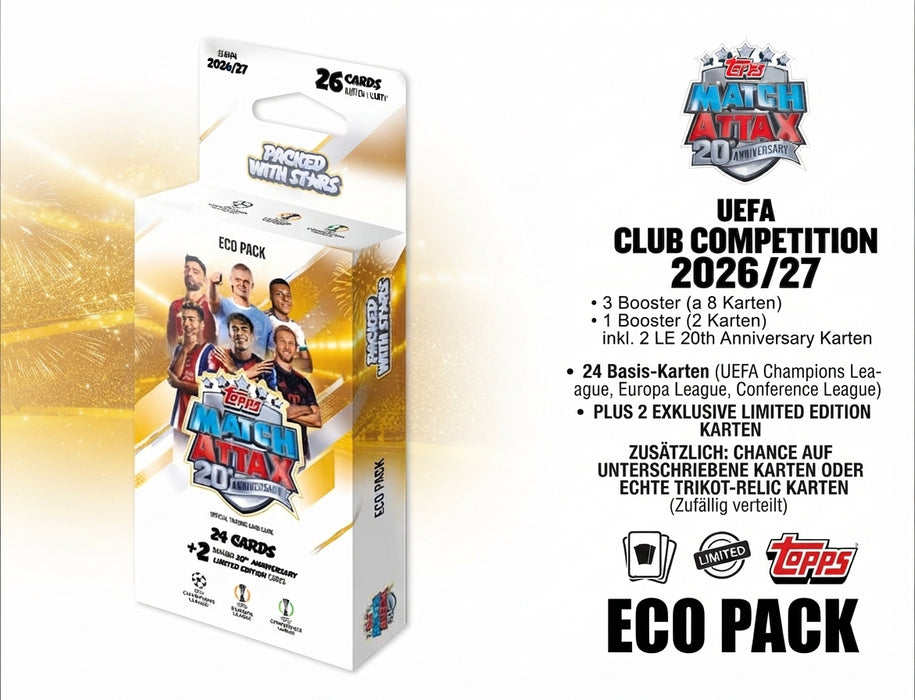 Topps Match Attax UEFA Club Competitions 2026/2027 ECO Pack – 26 Trading Cards – Deutsch