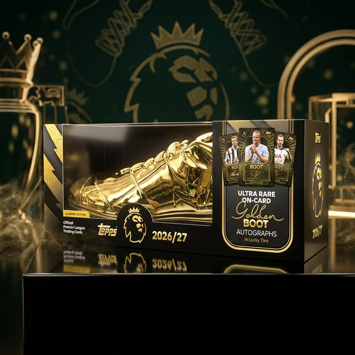 Topps Premier League Flagship 2026/27 Golden Boot Tin mit Tray – 4er-Display – Exklusive Fußball-Sammelkarten