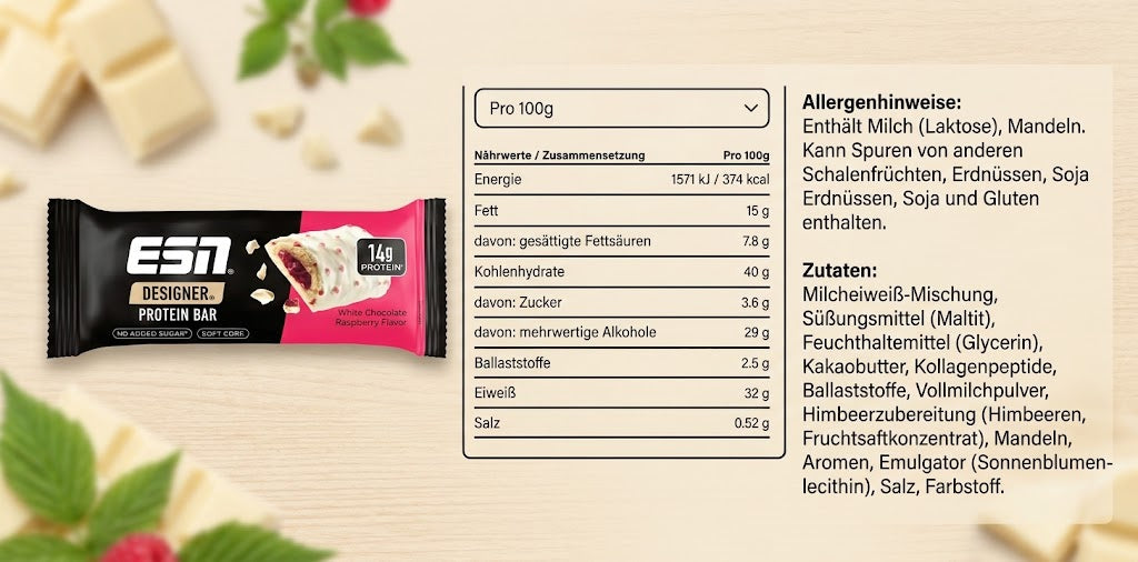 12x ESN Designer Protein Bar – White Chocolate Raspberry Flavour (45g)
