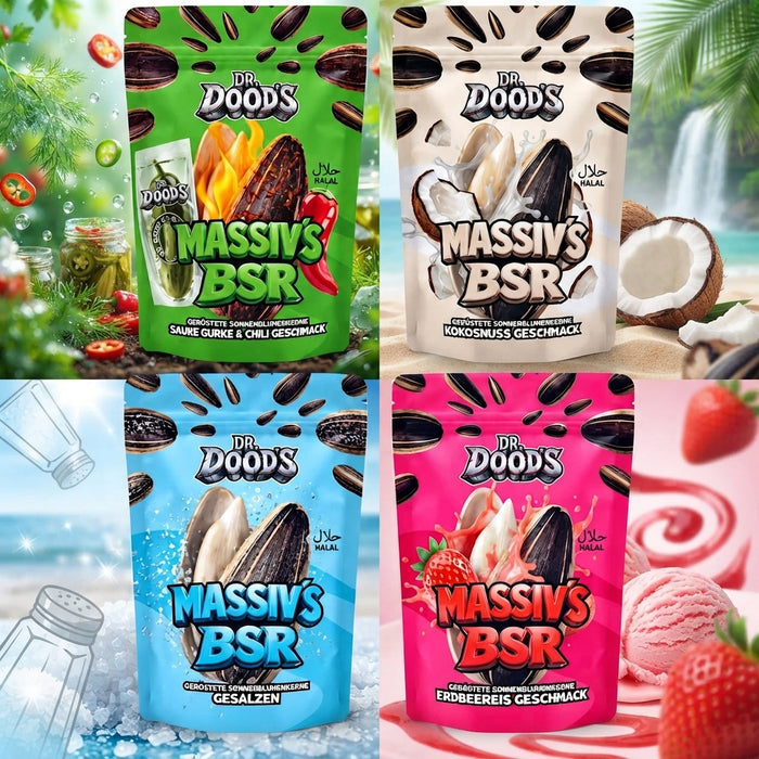 DR. DOOD'S Massiv's BSR Sonnenblumenkerne 4er Bundle – Gesalzen, Saure Gurke & Chili, Erdbeereis & Kokosnuss 4×100 g