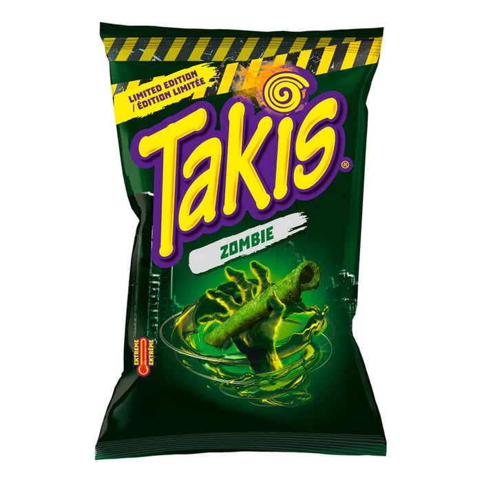 3 x Takis Zombie Limited Edition – 100g Mais-Snacks mit Gurken- & Limettengeschmack | Extra scharf, intensiv würzig & knusprig | Vegane Snacks zum Teilen