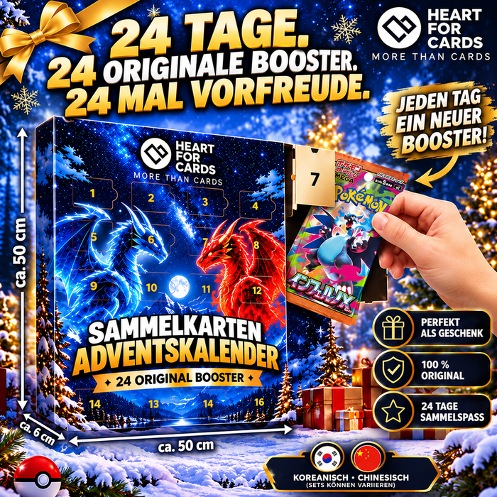 Pokemon Sammelkarten HFC Adventskalender 2026 mit 24 originalen Pokémon-Boosterpacks aus Asien 50x50cm ( CH & KR ) – Weihnachtskalender mit 24 Türchen – Ideal für Weihnachten und zum Verschenken