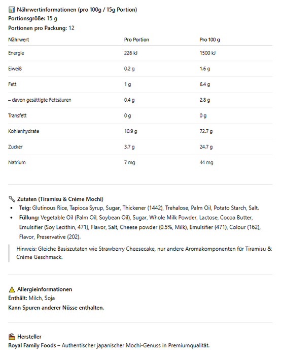 2er-Set Royal Family Mochi | Tiramisu und Crème & Strawberry Cheesecake | 2 x 180g | Weicher Reiskuchen mit cremiger Füllung | Perfekt als Dessert & Snack