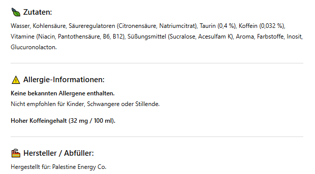 Palestine Energy Drink Sugarfree – 24 x 250ml | Zuckerfreie Energydrink-Dose | Erfrischende Energie ohne Zucker | Ideal für Sport, Arbeit & Alltag