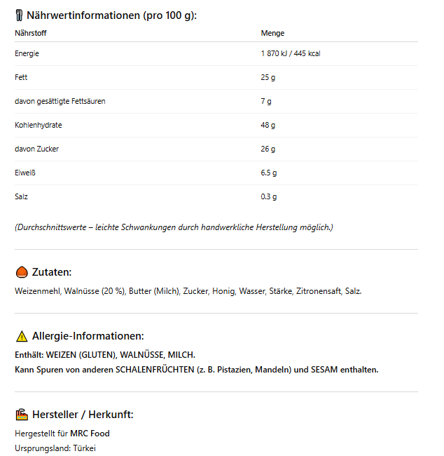 MRC Baklava Walnut – 5 Stück à 30g | Handgemachtes Walnuss-Baklava mit feinem Filo-Teig & Honigsirup | Orientalisches Dessert | Süßes Gebäck mit Nüssen – Traditionell & Premium Qualität