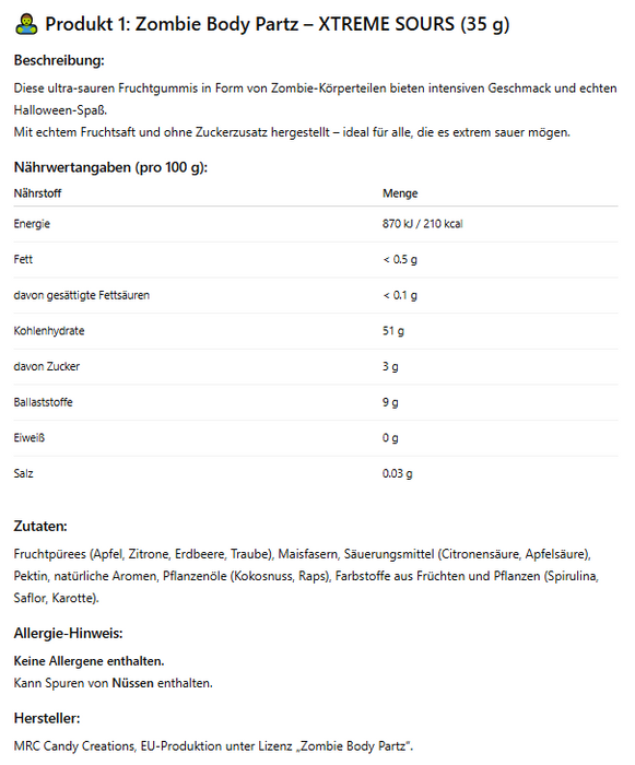 3er Zombie Gummibärchen Set – Zombie Body Partz Halloween Fruchtgummis 3x35g | XTREME SOURS, FRUIT GUMMIES & SOURS | 100% Frucht – Ohne Zuckerzusatz | Vegane Halloween Süßigkeit für Kinder & Erwachse
