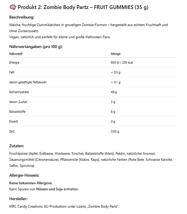 3er Zombie Gummibärchen Set – Zombie Body Partz Halloween Fruchtgummis 3x35g | XTREME SOURS, FRUIT GUMMIES & SOURS | 100% Frucht – Ohne Zuckerzusatz | Vegane Halloween Süßigkeit für Kinder & Erwachse