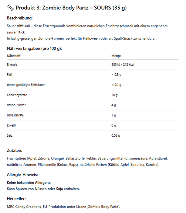 3er Zombie Gummibärchen Set – Zombie Body Partz Halloween Fruchtgummis 3x35g | XTREME SOURS, FRUIT GUMMIES & SOURS | 100% Frucht – Ohne Zuckerzusatz | Vegane Halloween Süßigkeit für Kinder & Erwachse