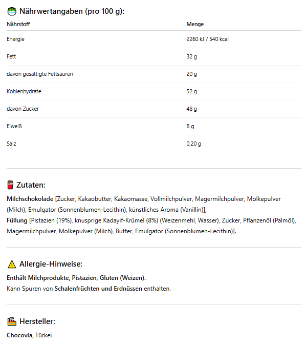 Chocovia Dubai Style Chocolate – Pistachio Chocolate 100g | Luxus-Schokolade mit Pistazien & Kadayif | Orientalische Spezialität – Dubai Style | Feine Confiserie für Genießer