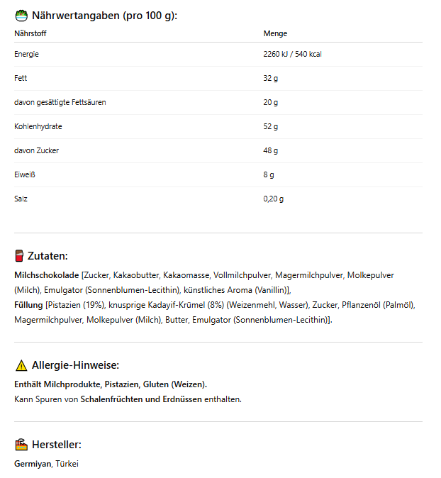 Germiyan Kadayif Chocolate with Pistachio 100g | Luxus Milchschokolade mit Pistazien & knusprigem Kadayif | Orientalische Spezialität – Dubai Style | Feine Confiserie