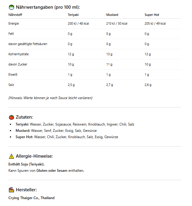 Crying Thaiger Sriracha Saucen Set – 3er Set à 440 ml | Teriyaki, Mustard & Super Hot | Würzige Sriracha Vielfalt aus Thailand | Perfekt für BBQ, Asia-Gerichte & scharfe Saucenliebhaber