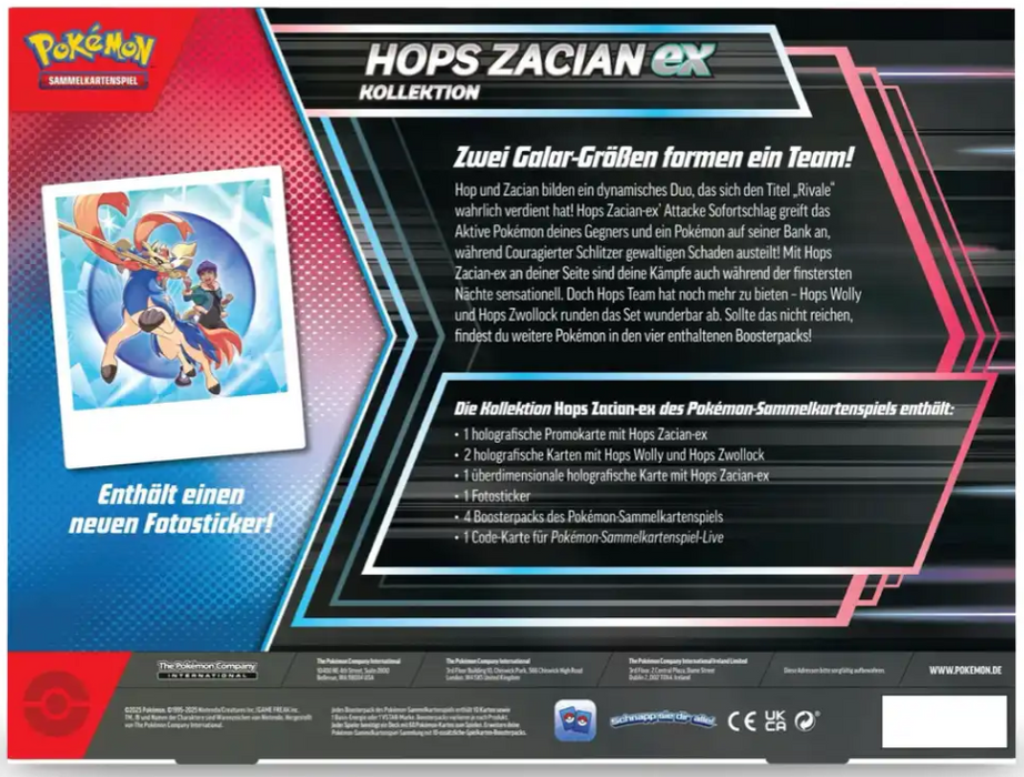 Pokémon Hops Zacian-ex Kollektion – Deutsch | Premium Box mit 4 Boostern & Promokarten