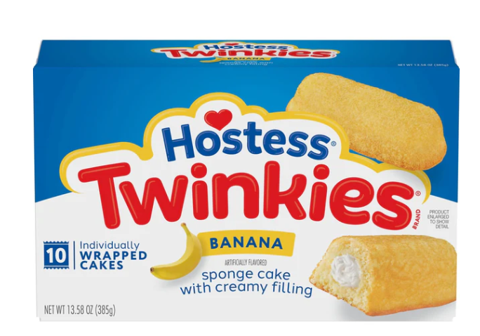 Hostess Banana Twinkies – 385 g (Packung mit 10 Stück) | Kult-Snack aus den USA | Weicher Bananen-Biskuit mit cremiger Füllung