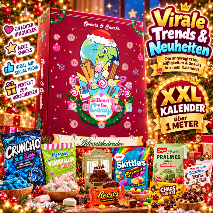 XXL Süßigkeiten & Snacks Adventskalender 2026 Snacks und Süßigkeiten aus aller Welt RIESIG ÜBER 100cm Groß Adventskalender mit 24 verschiedenen Trend-Snacks & Süßigkeiten 80 cm breit Überraschungsbox mit beliebten Süßwaren – Perfektes Weihnachtsgeschenk
