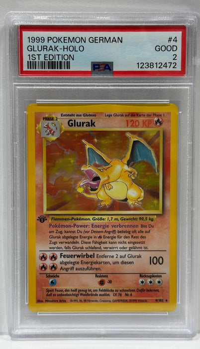 Glurak Holo #4 1st Edition – PSA 2 (Good) – 1999 Basis Set – Deutsch – Original & Zertifiziert