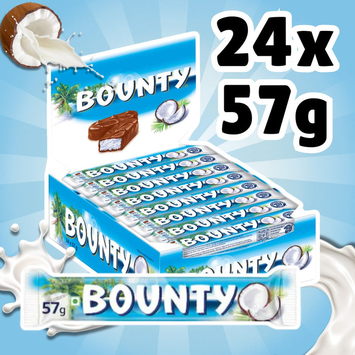 Bounty Kokos Schokoriegel, 24er Pack (24 × 57 g) – Milchschokolade mit saftigem Kokosmark