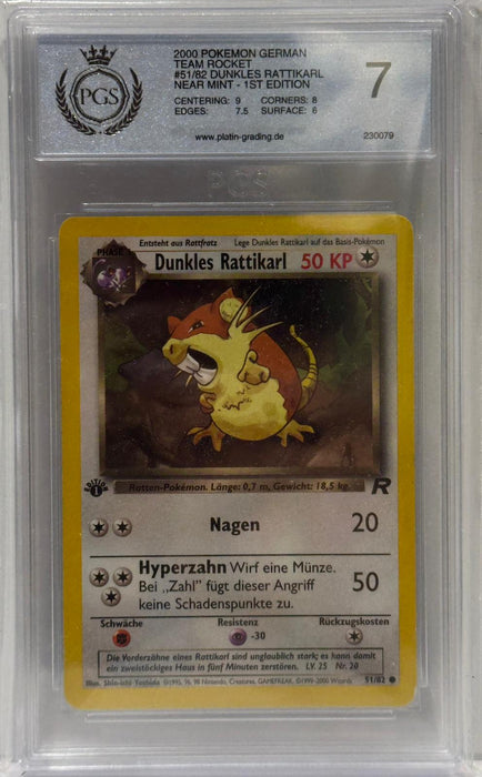 Pokémon Karte – Dunkles Rattikarl – PGS 7 (Near Mint) – Team Rocket – 1. Edition – #51/82 – Original & Zertifiziert