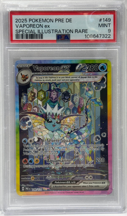 Vaporeon ex – PSA 9 (Mint) – Special Illustration Rare – PRE – Englisch – #149 – Original & Zertifiziert