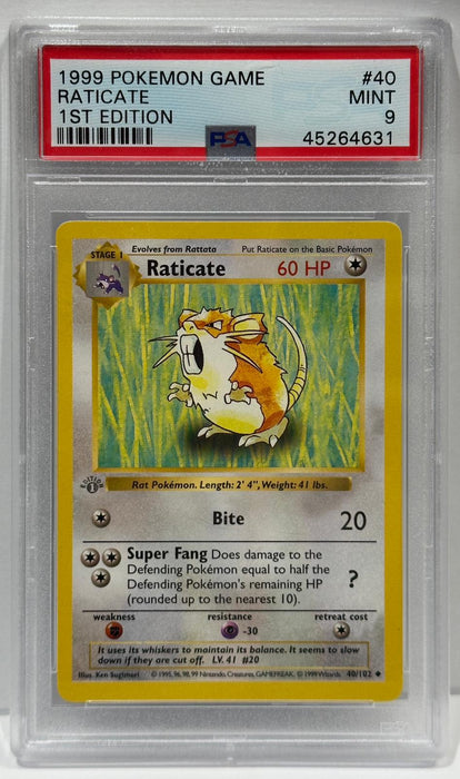 Raticate #40 1st Edition – PSA 9 (Mint) – 1999 Basis Set – Englisch – Original & Zertifiziert