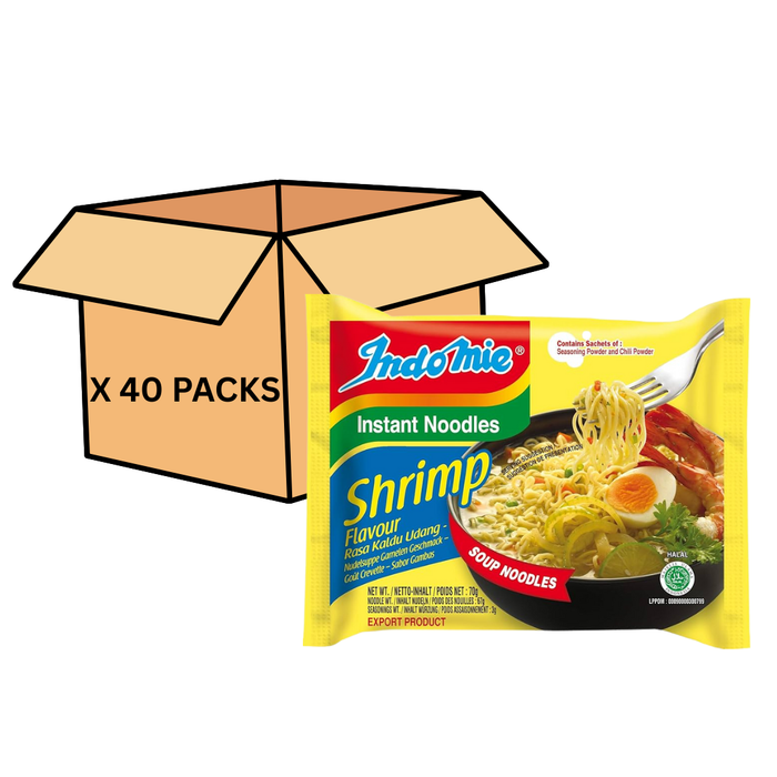 Indomie Shrimp Instant Noodles – 40 x 70 g | Garnelen-Geschmack | Würzige Instantnudeln | Schnelle 3-Minuten-Mahlzeit | Halal