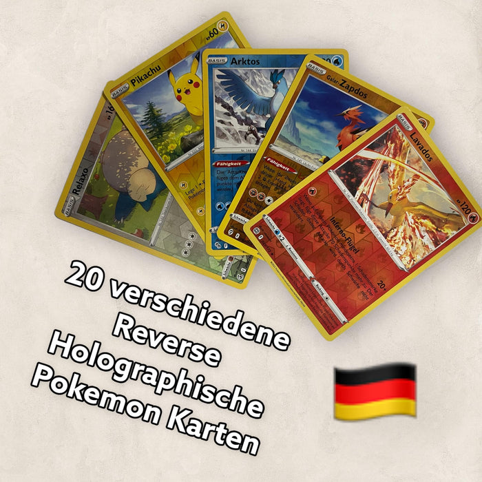 Original 20 Pokemon Karten Reverse Holo Glitzer, deutsch seltene Pokémon Karten Holographische Reverse Verschiedene Karten aus aktuelle Sets + Heartforcards® Versandschutz