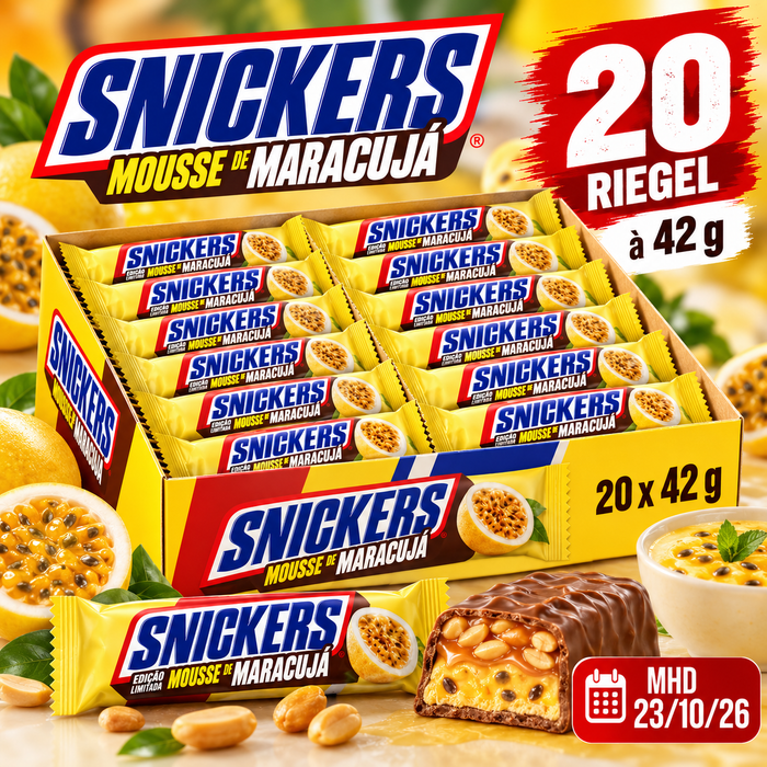 SNICKERS Mousse de Maracujá 20 x 42 g – Brasilianische Limited Edition – Schokoriegel mit Passionsfrucht-Mousse-Geschmack, Erdnüssen, Karamell und Nougat – 20er-Pack – 840 g