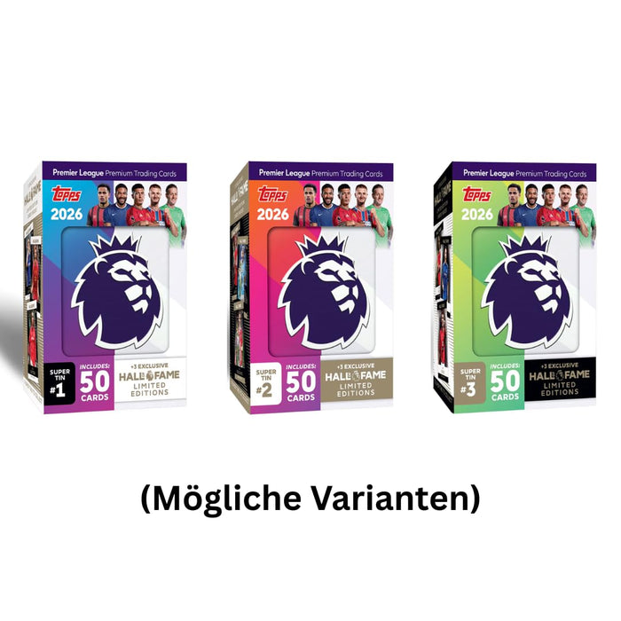 Topps Premier League 2025/26 Super Tin (Hall of Fame Serie) – 50 Trading Cards inkl. 3 exklusive Hall of Fame LE-Karten & 1:10 Chrome King Chance – Debut Edition