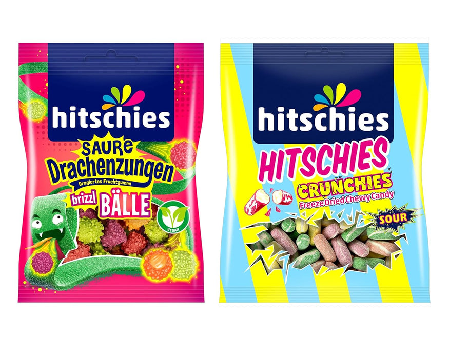 Hitschies Doppelpack: Crunchies Sour Mix 75g + Saure Drachenzungen Brizzl Bälle 100g | Veganer Frucht- & Knusperspaß mit saurem Kick