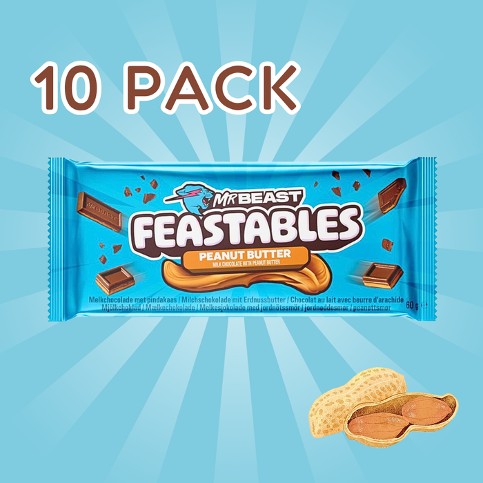 10x Feastables MrBeast Schokolade – Erdnussbutter Riegel | 10x60g | Cremige Milchschokolade mit zarter Erdnussbutter
