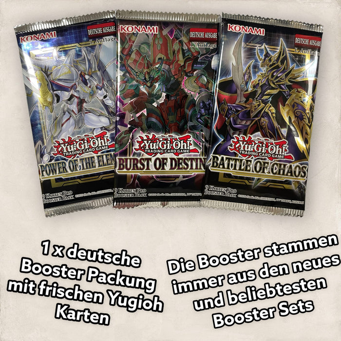 Yugioh Kartenset mit 100 Karten DEUTSCH (85 Commons - 10 rares - 5 Holos) - mit möglichen Magiern oder Drachen + 1 zufälligen aktuellen Booster in erster Edition + Heartforcards®Versandschutz