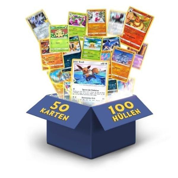 Heartforcards® 50 Original Verschiedene Pokemon Karten | Deutsch | 3x Holo | 3x Rares | 1 zufällige Pikachu/EvoIi/Glumanda/Dedenne | Sammelkarten aus aktuellen Sets | für Weihnachten + 100 Hüllen