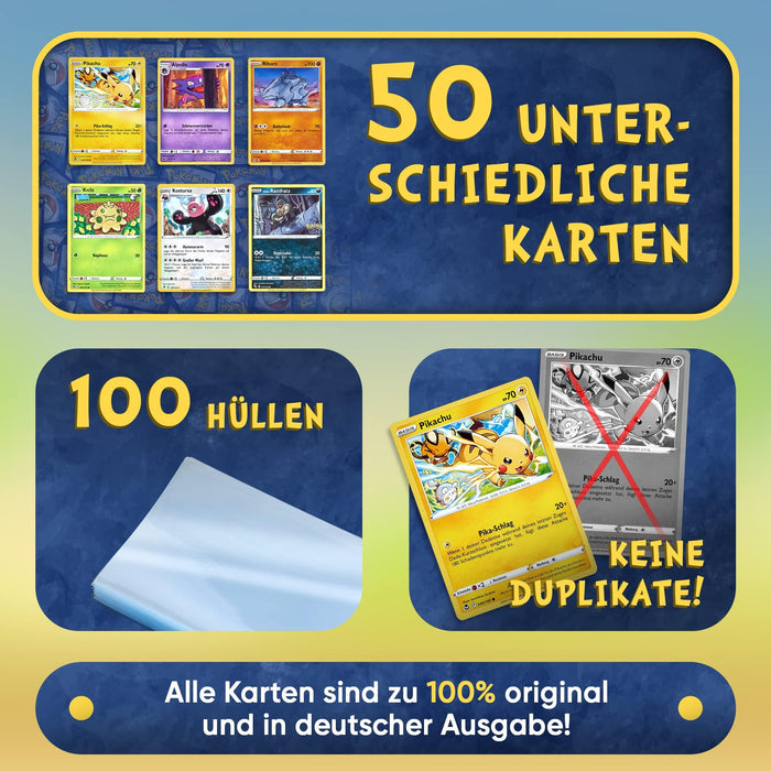50 Original verschiedene Pokémon-Karten | Englisch | 3x Holo | 3x Rare | Sammelkarten aus aktuellen Sets | Ideal zu Weihnachten + 100 Hüllen