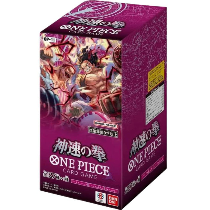 OP-11 Fist of Godspeed – One Piece Card Game Booster Display (24 Packs, Japanische Version) + Heartforcards® Versandschutz
