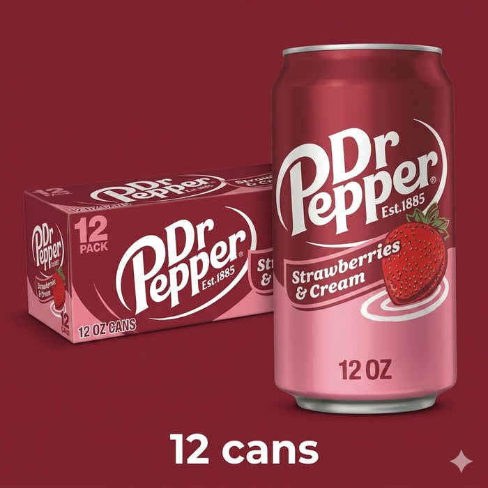 Dr Pepper Strawberries & Cream (USA) 12er-Pack – Erdbeer-Vanille-Mix, 12 x 355ml (MHD: 18.08.2025)